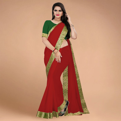 Volmina Solid/Plain, Woven Chanderi Cotton Blend Saree(Red)