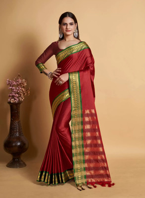 PACHIMAA Solid/Plain, Woven Maheshwari Cotton Silk Saree(Red, Green)