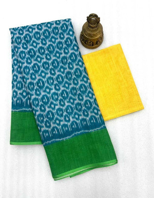 Margi Designers Printed Handloom Cotton Linen Saree(Green)