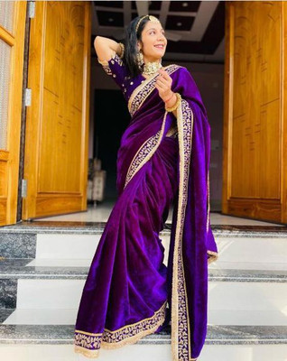 Bharodiya Enterprises Solid/Plain Bollywood Velvet Saree(Purple)