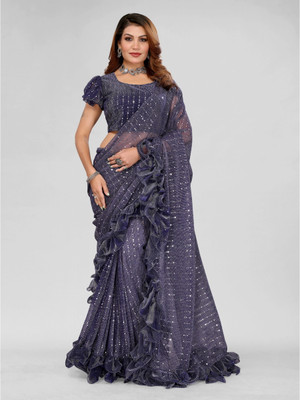 AKFABRICS Self Design Bollywood Net Saree(Dark Blue)