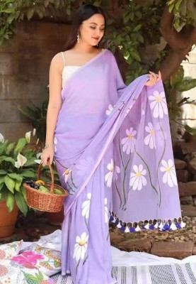 Shubharam Floral Print, Printed Bollywood Linen, Cotton Blend Saree(Purple)