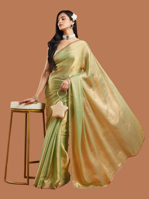 Croza Solid/Plain Chanderi Chiffon, Tussar Silk Saree(Light Green)