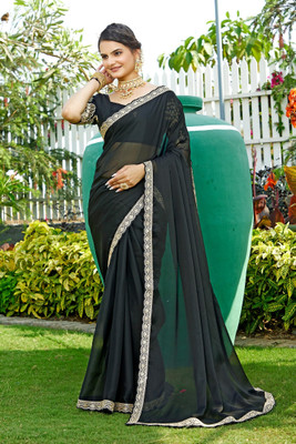 K 5 FASHION Solid/Plain Bollywood Chiffon Saree(Black)
