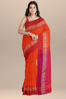 HouseOfCommon Self Design Handloom Cotton Blend Saree(Orange)