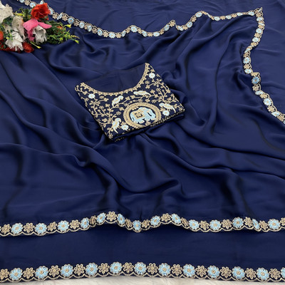 V AMAN FASHION Solid/Plain, Self Design Bollywood Silk Blend Saree(Dark Blue)
