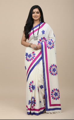 ShivMaya Applique Handloom Pure Cotton Saree(Blue, Pink, White)