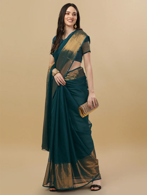 Riddhi textile Hub Solid/Plain Madhubani Chiffon Saree(Blue)