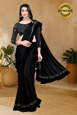 V2B ENTERPRISE Solid/Plain Bollywood Lycra Saree(Black)