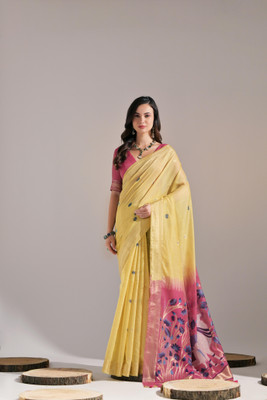 PeachPetals Embroidered, Printed, Woven Banarasi Cotton Blend Saree(Light Blue)