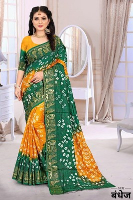 S M PATEL CO Printed Bandhani Art Silk Saree(Yellow, Green)
