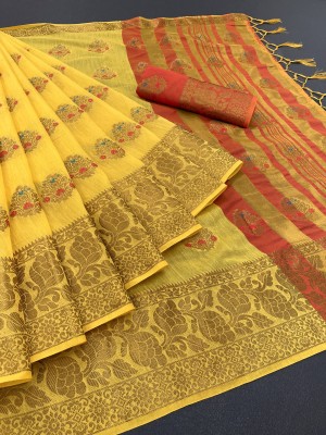 Shivaarya Floral Print, Woven Kanjivaram Cotton Silk, Jacquard Saree(Yellow)