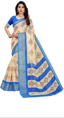 Bansari Textiles Floral Print Daily Wear Cotton Linen, Chanderi Saree(Blue)