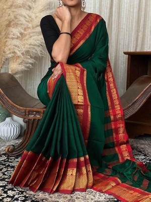 BilloRani Woven Kanjivaram Silk Blend Saree(Dark Green)