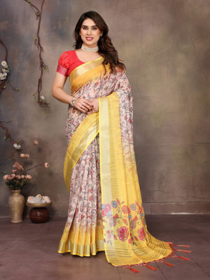 The Style Sanctuary Floral Print, Printed, Striped Daily Wear Cotton Linen Saree(Yellow)
