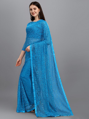 HouseOfCommon Embellished Lucknow Chikankari Net Saree(Light Blue)