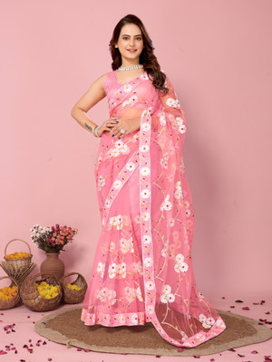 bal krishna Floral Print Leheria Net Saree(Pink)