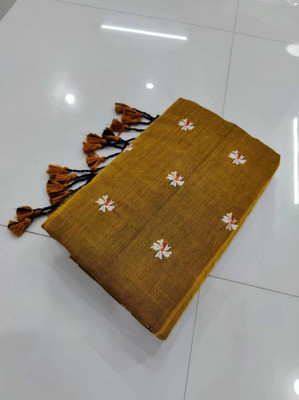 Parbati fashion Printed Handloom Cotton Blend Saree(Mustard)
