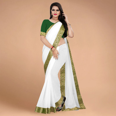Volmina Solid/Plain, Woven Chanderi Cotton Blend Saree(White)
