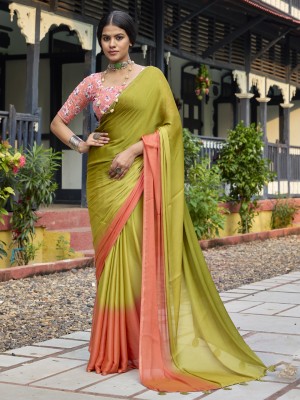 Chudiya Solid/Plain, Printed Daily Wear Chiffon Saree(Light Green, Pink)