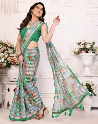 YASHIKA Printed Bollywood Georgette, Lace Saree(Green)