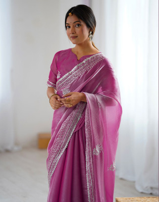 Satrani Embroidered Bollywood Tissue Saree(Pink)
