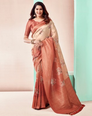 SIRIL Digital Print, Woven Kanjivaram Art Silk, Jacquard Saree(Orange, Cream)