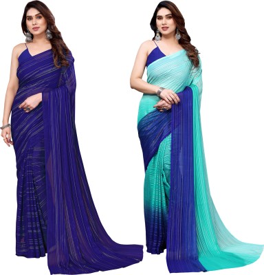 Anand Sarees Embellished, Solid/Plain Bollywood Satin Saree(Pack of 2, Dark Blue, Light Blue, Blue)