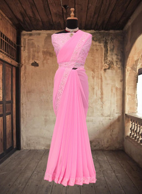 Kalavrit Creation Embroidered, Solid/Plain Bollywood Georgette Saree(Pink)