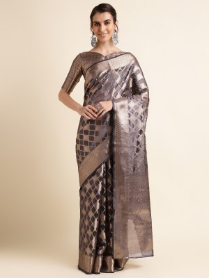 HouseOfCommon Embellished, Woven, Self Design Bollywood Net, Organza Saree(Grey)