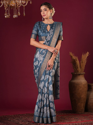 ANOUK Printed Chinnalapattu Silk Blend Saree(Blue)