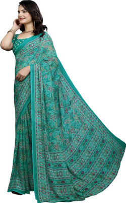 Kanooda Prints Geometric Print Daily Wear Georgette Saree(Blue, Yellow)