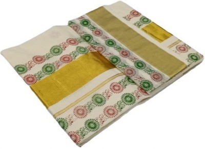 VKC SAEES Printed Kasavu Cotton Blend Saree(Gold)