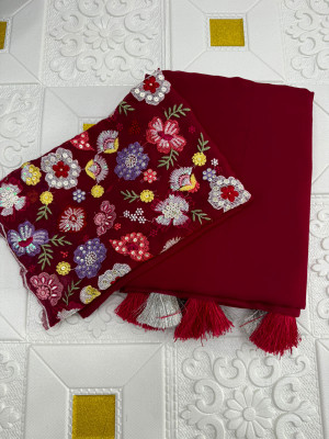 SARETRA MALL Solid/Plain, Embroidered Bollywood Georgette Saree(Maroon)