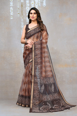 MIRCHI FASHION Printed, Floral Print Kota Doria Polyester Saree(Brown)