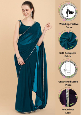 FORKEY Solid/Plain, Self Design, Embellished Bollywood Georgette Saree(Blue)