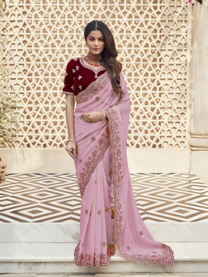 odette Embroidered Saree with Attached Blouse Georgette Saree(Pack of 2, Pink)