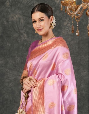 Satrani Woven, Embellished Kanjivaram Silk Blend, Jacquard Saree(Pink)