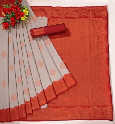 VeerTex Printed Banarasi Jacquard Saree(White)