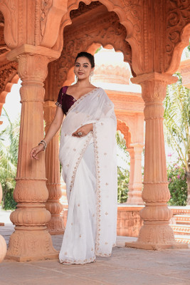 Sanjana Silk Embroidered Bollywood Chanderi Saree(White)