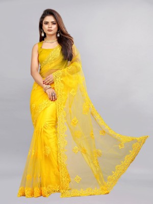 YARA CREATION Embroidered Bollywood Net Saree(Yellow)
