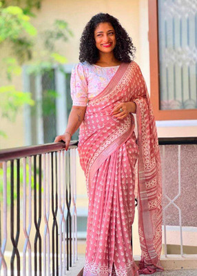 Luxury Silk Blocked Printed Hand Batik Handloom Cotton Blend Saree(Pink)