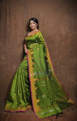 binita Self Design Handloom Cotton Blend Saree(Green)