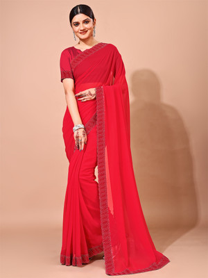Leelavati Embellished Bollywood Chiffon Saree(Red)
