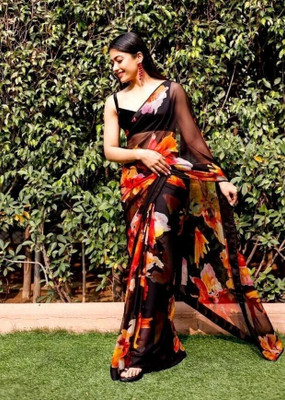 ROOP SUNDARI SAREES Printed Daily Wear Georgette Saree(Black, Multicolor)