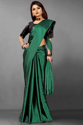 Mandani & Co. Dyed, Solid/Plain, Self Design Bollywood Satin Saree(Green)