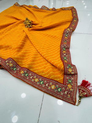 CHITRA TEX Striped, Embroidered, Printed, Geometric Print Leheria Georgette Saree(Yellow)