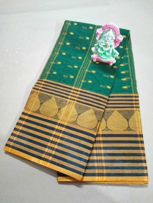 Dutta Self Design Tant Pure Cotton Saree(Dark Green, Yellow)