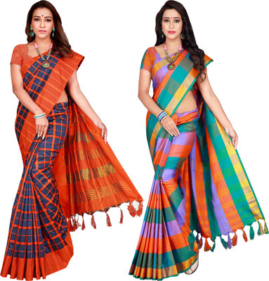 PRIYANSH CREATION Checkered Bollywood Cotton Silk Saree(Pack of 2, Multicolor)