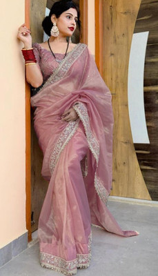 Vinayak Textile Embroidered, Embellished Bollywood Tissue, Net Saree(Pink, Gold)
